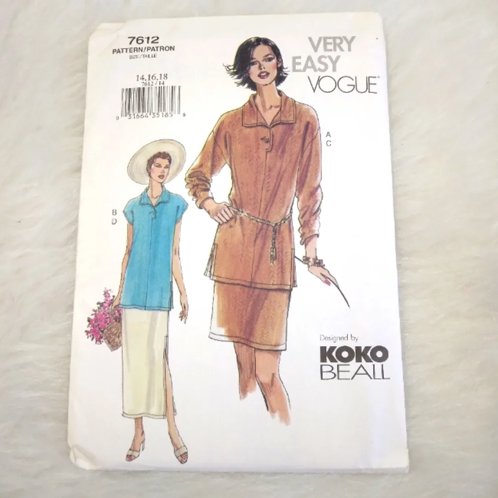 VOGUE 7612 Misses top w/ long-short sleeves, long-short skirt Size 14-16…